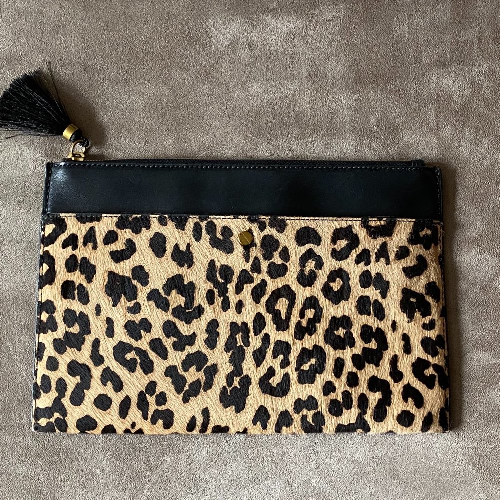 J.Crew Cheetah Print Clutch Leather Purse Zip Pouch Handbag
